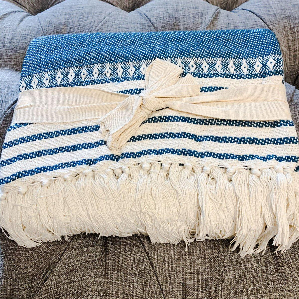 Waverly Woven Cotton Throw Blanket with Tassels - Blue & Cream Stripes, 60" x 50"
