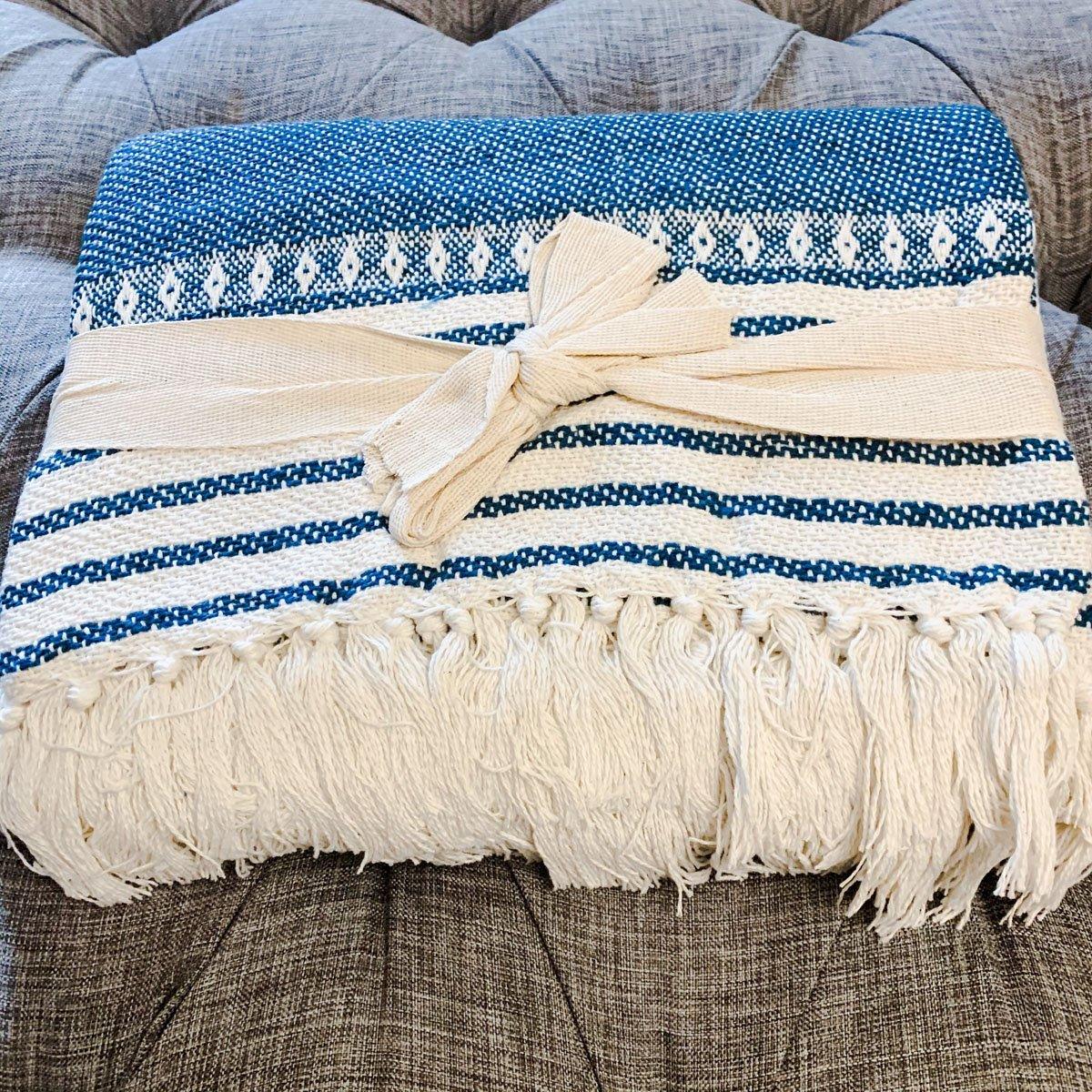 Waverly Woven Cotton Throw Blanket with Tassels - Blue & Cream Stripes, 60" x 50"