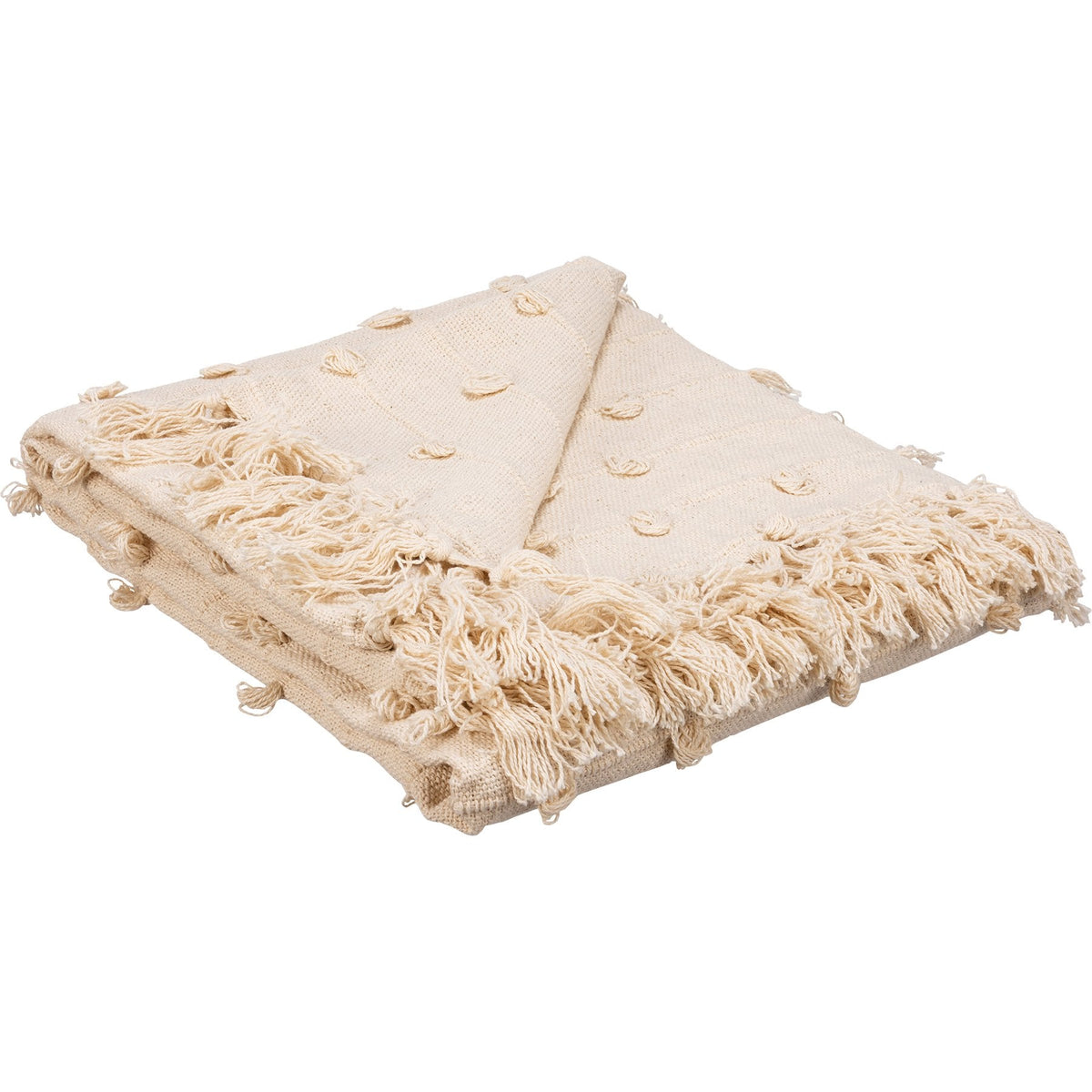 Cream Poms Cotton Throw Blanket – 50" x 60" Cozy Fringe Trim