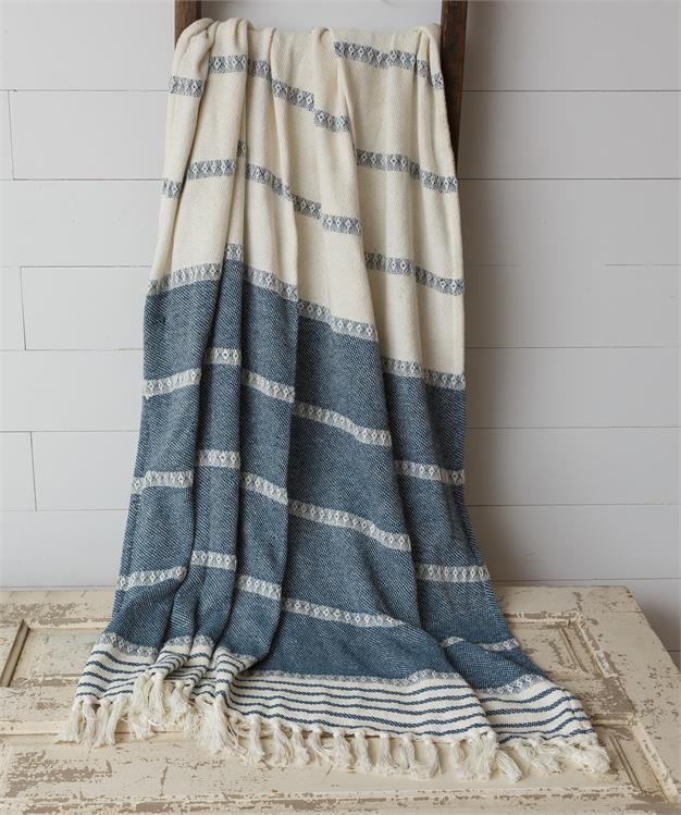 Waverly Woven Cotton Throw Blanket with Tassels - Blue & Cream Stripes, 60" x 50"