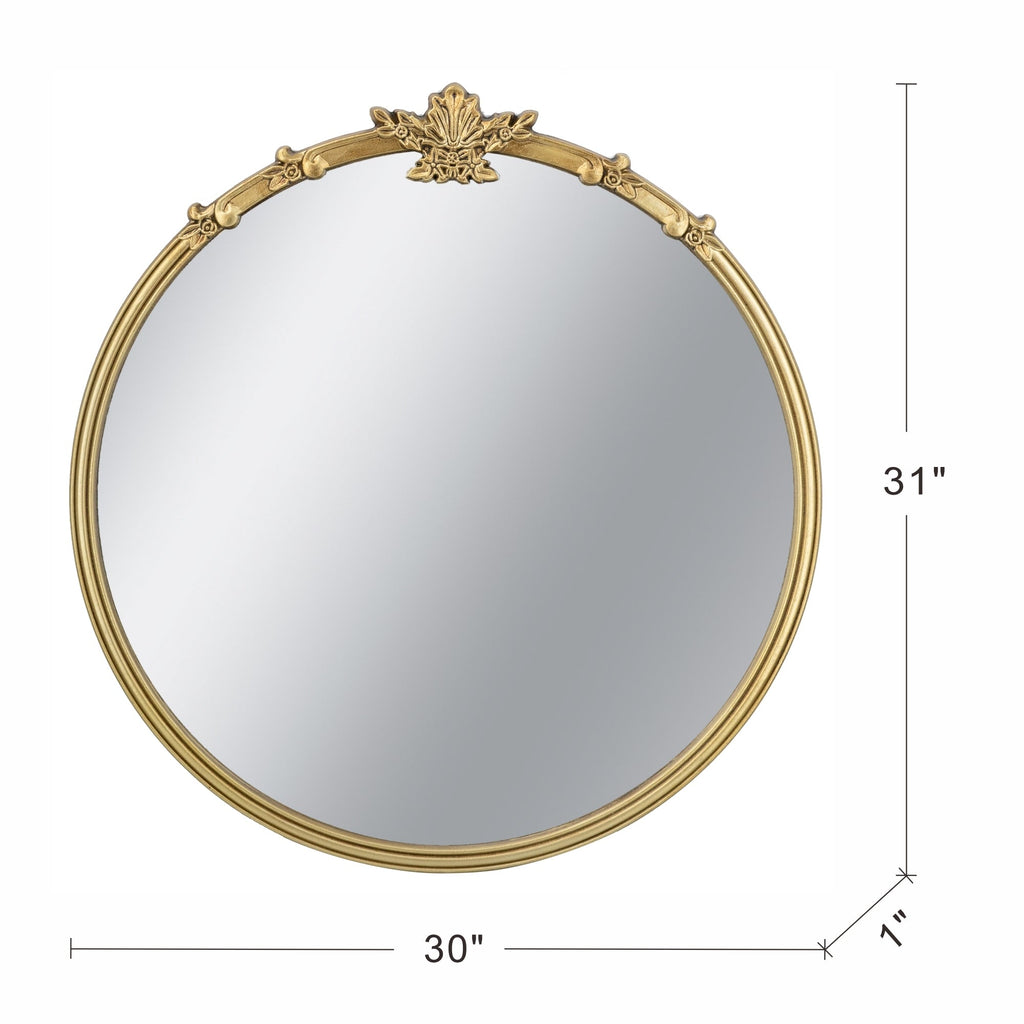 30x31" Round Wall Mirror with Gold Finish and Decorative Leaf Crest
