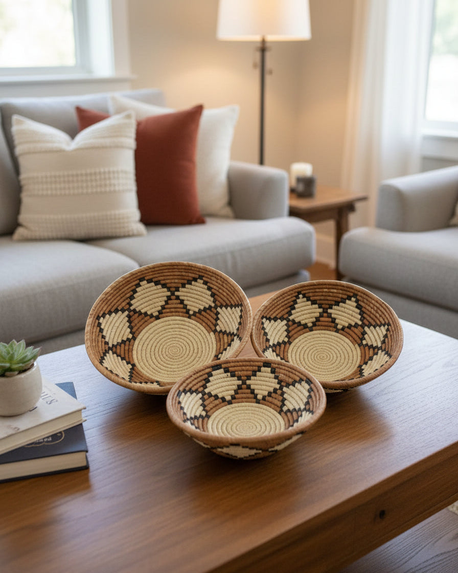 Amara Raffia Straw Table Decor Display Basket Bowl Sets