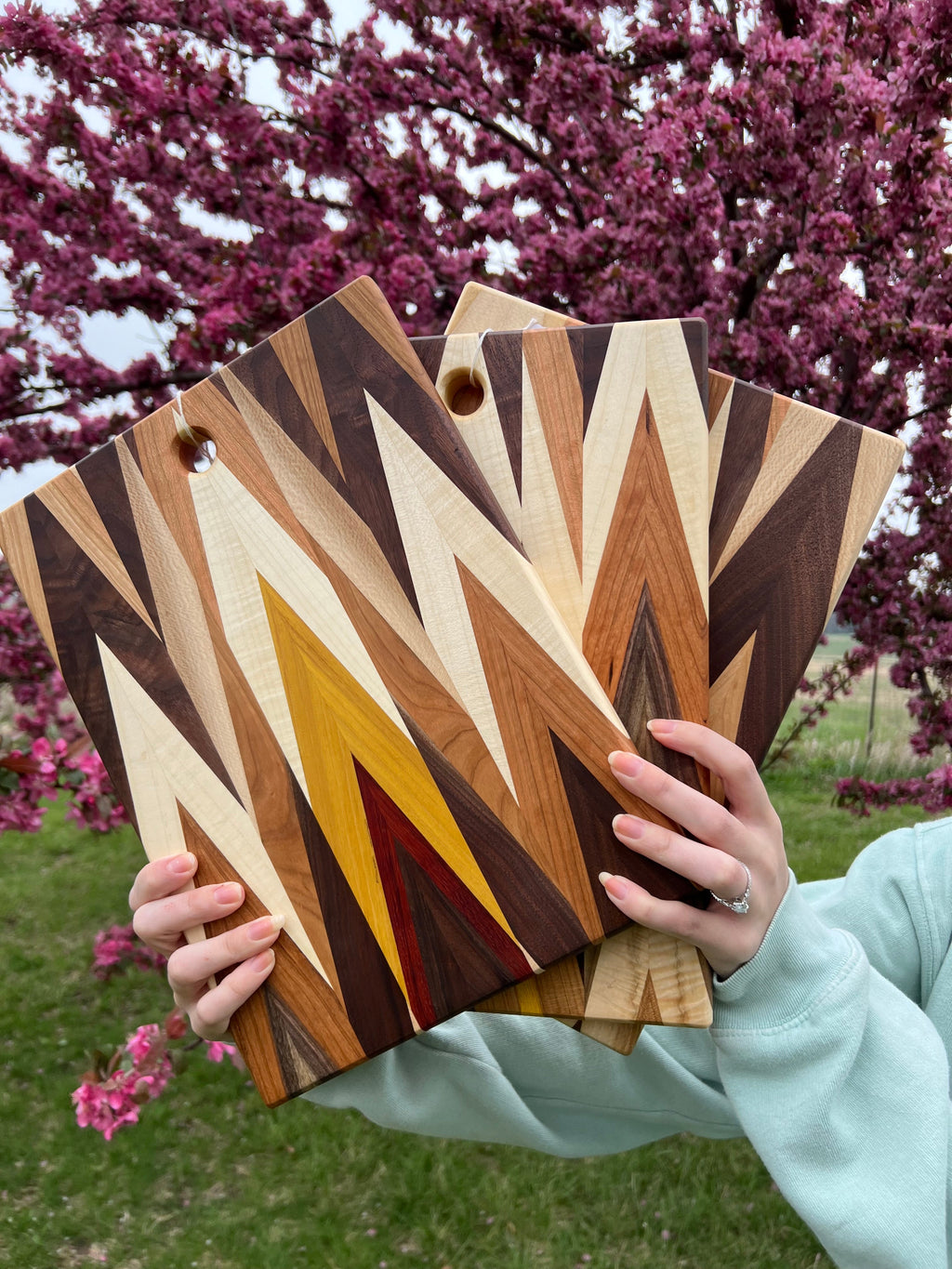 Handcrafted Amish Chevron Cutting Board – Multi-Wood Inlay, Beeswax Finish (9.5” x 14”)
