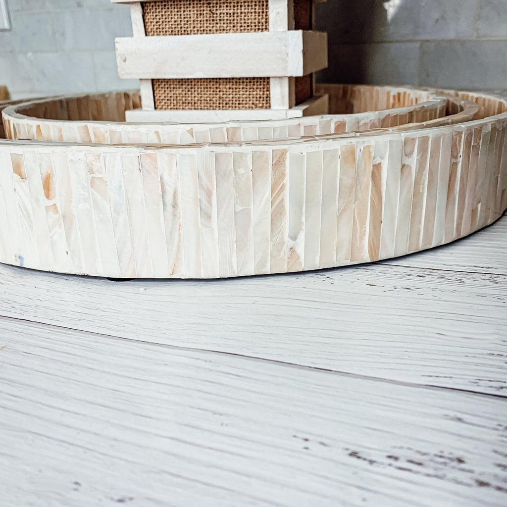 Cream Herringbone Mother of Pearl Serving Tray - Round or Rectangle, 3 Sizes