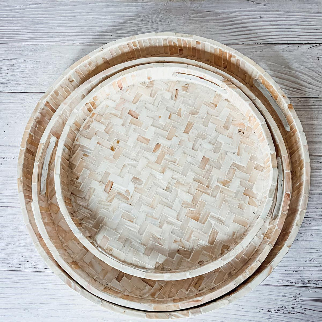 Cream Herringbone Mother of Pearl Serving Tray - Round or Rectangle, 3 Sizes