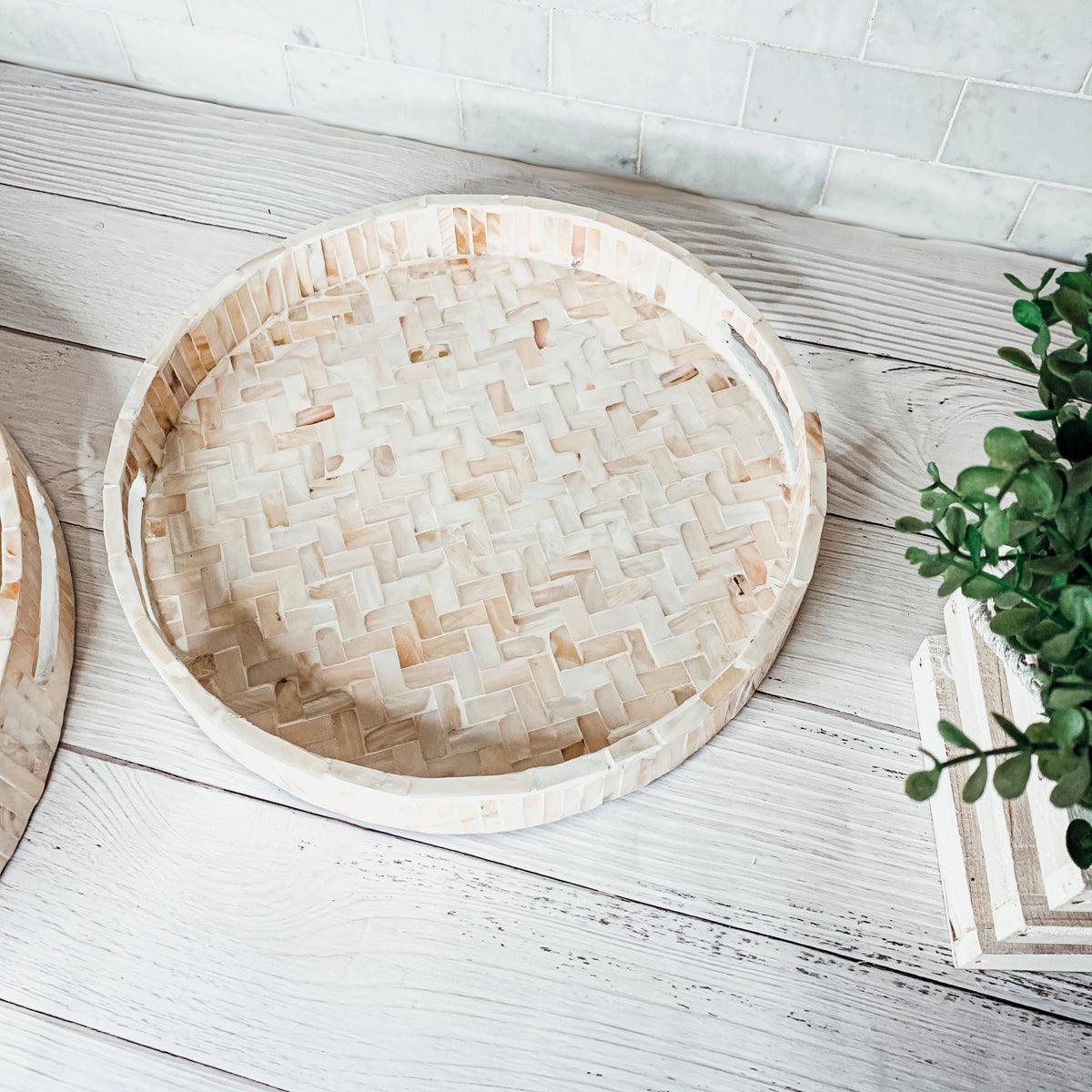 Cream Herringbone Mother of Pearl Serving Tray - Round or Rectangle, 3 Sizes