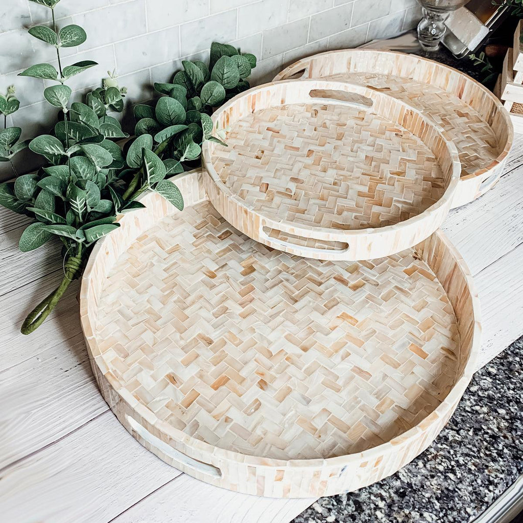 Cream Herringbone Mother of Pearl Serving Tray - Round or Rectangle, 3 Sizes