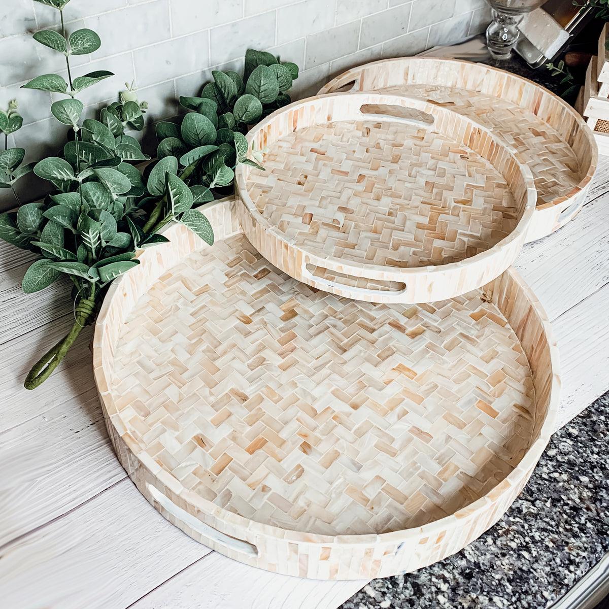 Cream Herringbone Mother of Pearl Serving Tray - Round or Rectangle, 3 Sizes