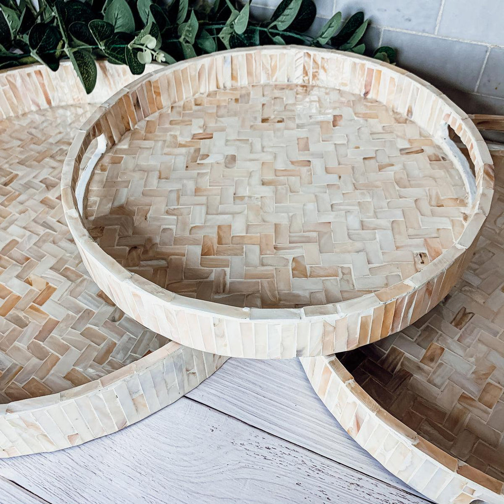 Cream Herringbone Mother of Pearl Serving Tray - Round or Rectangle, 3 Sizes