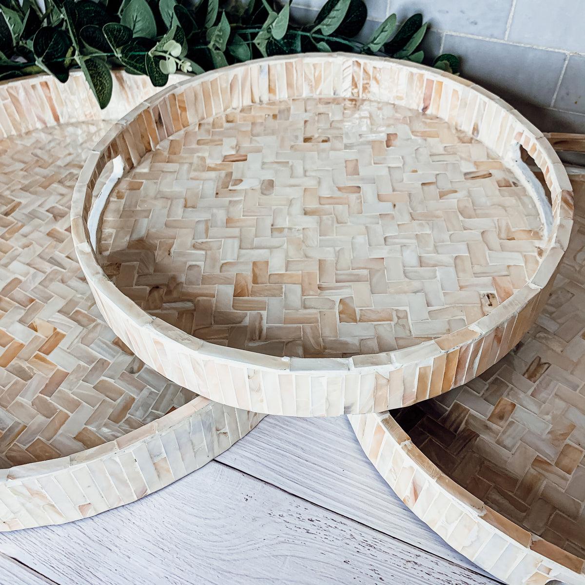 Cream Herringbone Mother of Pearl Serving Tray - Round or Rectangle, 3 Sizes