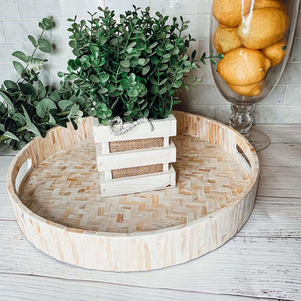 Cream Herringbone Mother of Pearl Serving Tray - Round or Rectangle, 3 Sizes