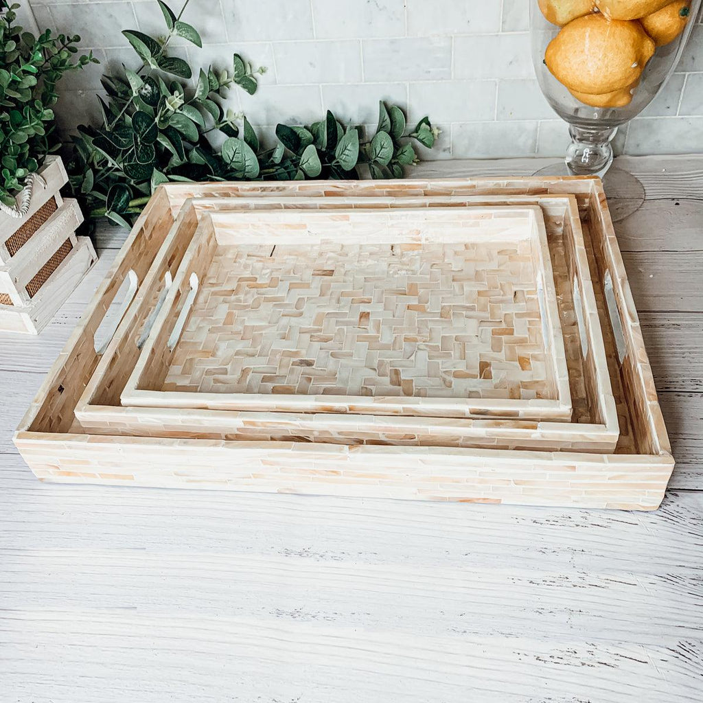 Cream Herringbone Mother of Pearl Serving Tray - Round or Rectangle, 3 Sizes