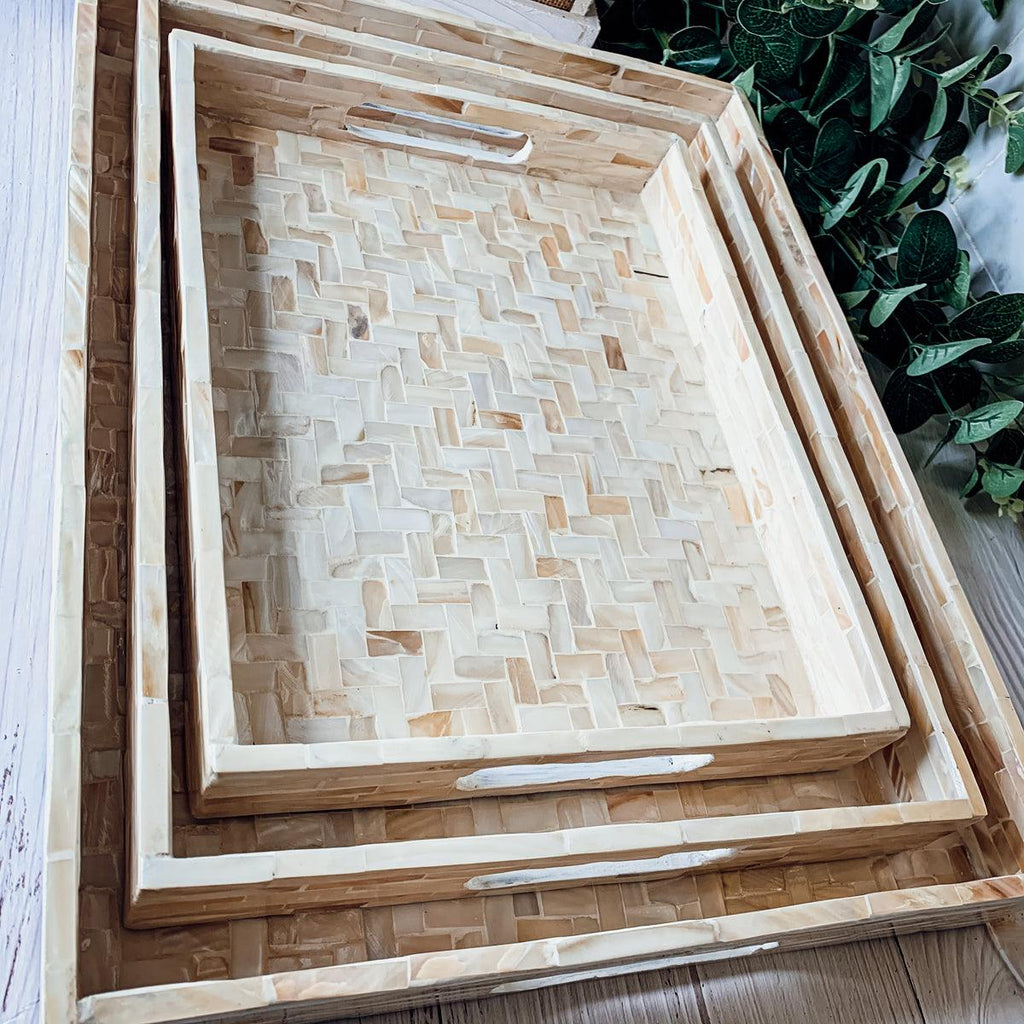 Cream Herringbone Mother of Pearl Serving Tray - Round or Rectangle, 3 Sizes