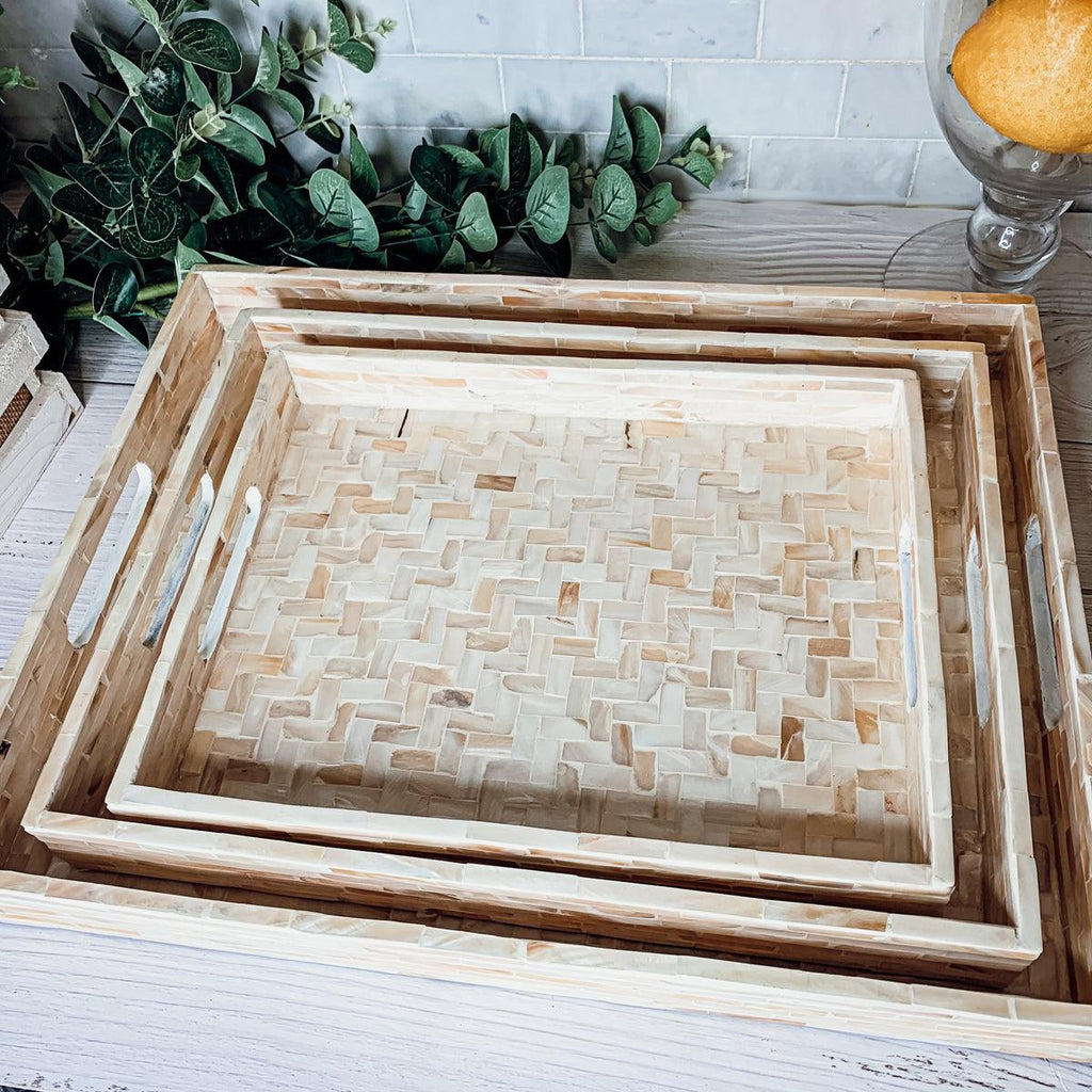 Cream Herringbone Mother of Pearl Serving Tray - Round or Rectangle, 3 Sizes