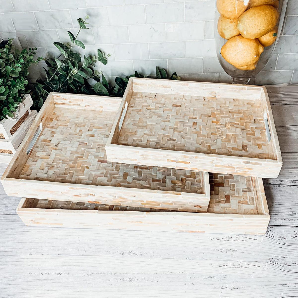 Cream Herringbone Mother of Pearl Serving Tray - Round or Rectangle, 3 Sizes