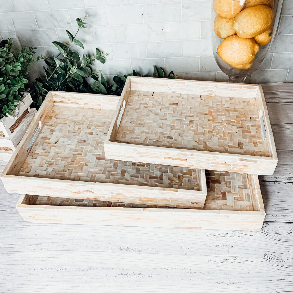 Cream Herringbone Mother of Pearl Serving Tray - Round or Rectangle, 3 Sizes