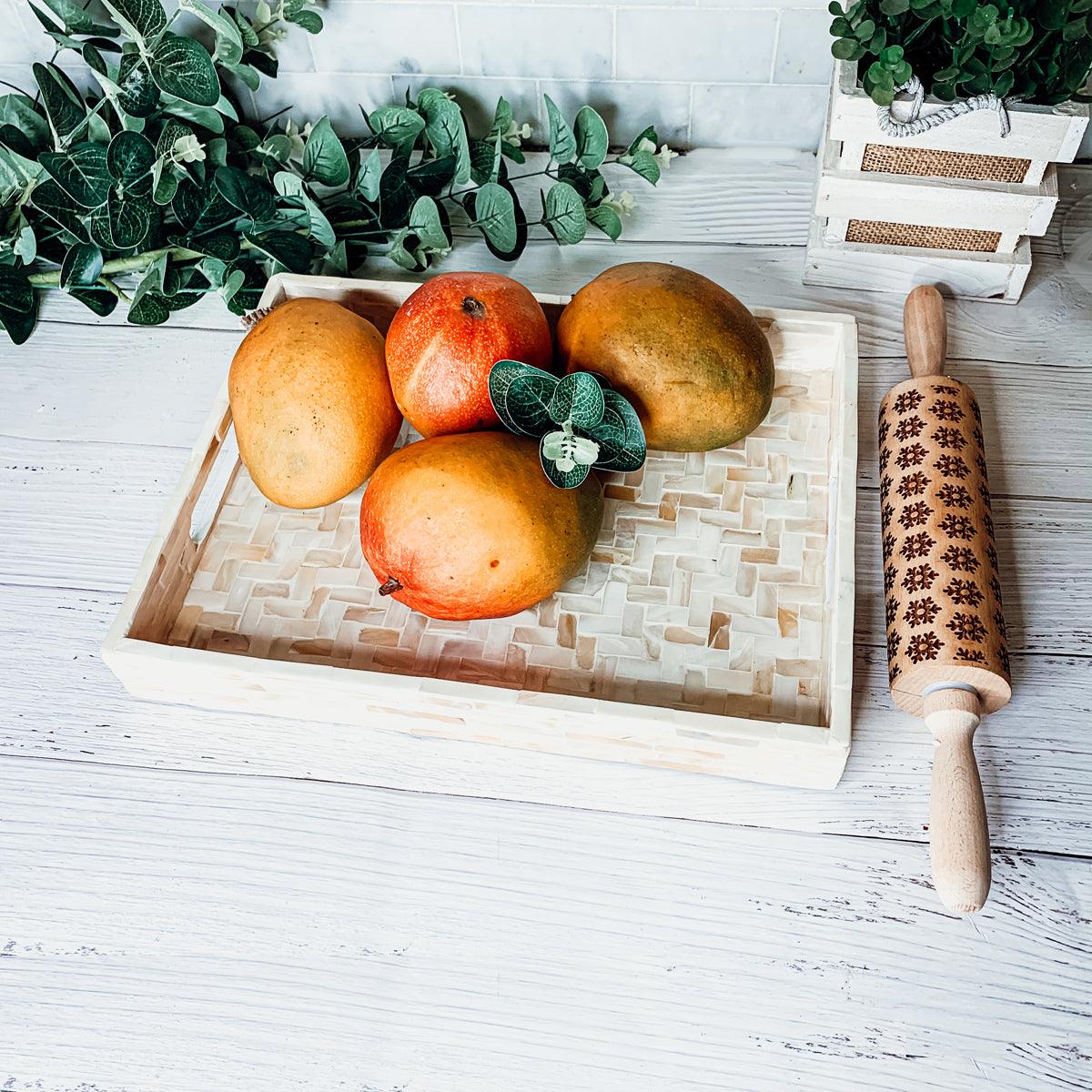 Cream Herringbone Mother of Pearl Serving Tray - Round or Rectangle, 3 Sizes