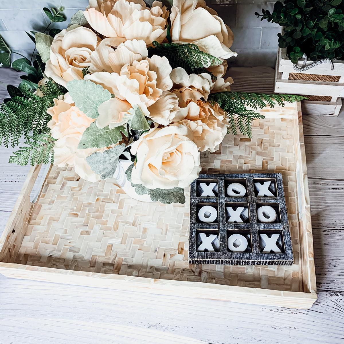 Cream Herringbone Mother of Pearl Serving Tray - Round or Rectangle, 3 Sizes