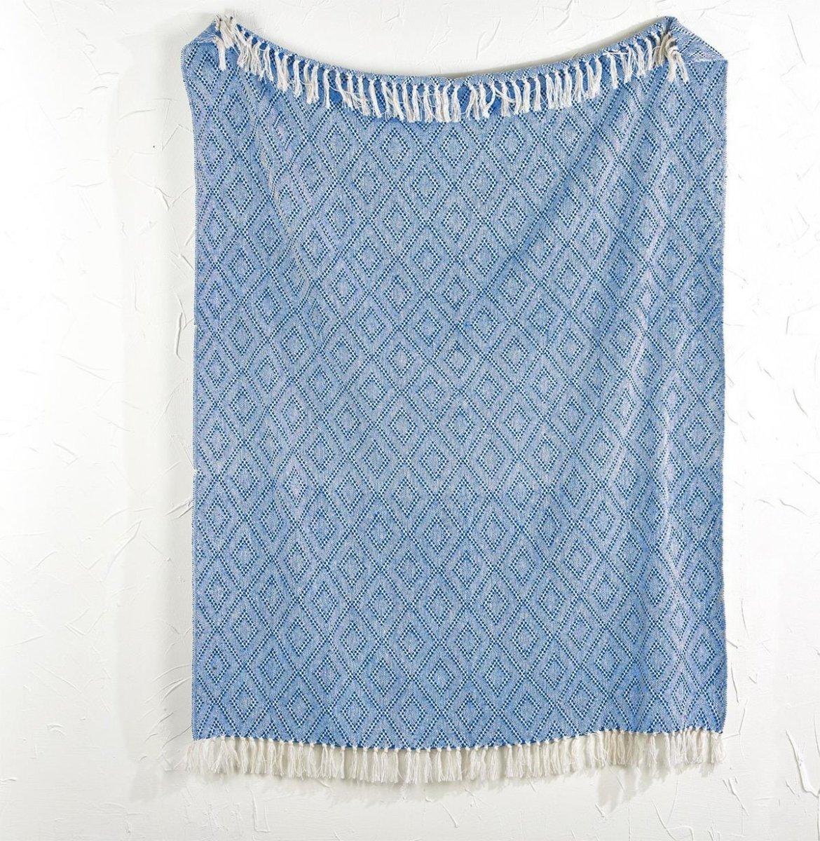 Tassel Blue Diamond Cotton Throw Blanket - Handwoven with Tassels, 50" x 60"