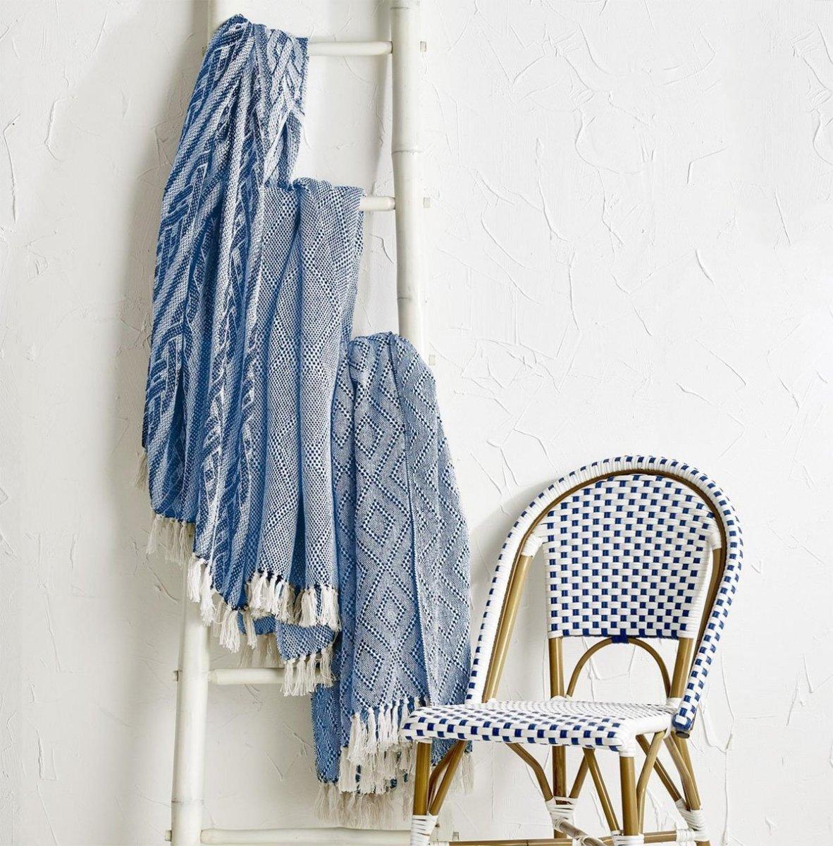 Tassel Blue Diamond Cotton Throw Blanket - Handwoven with Tassels, 50" x 60"