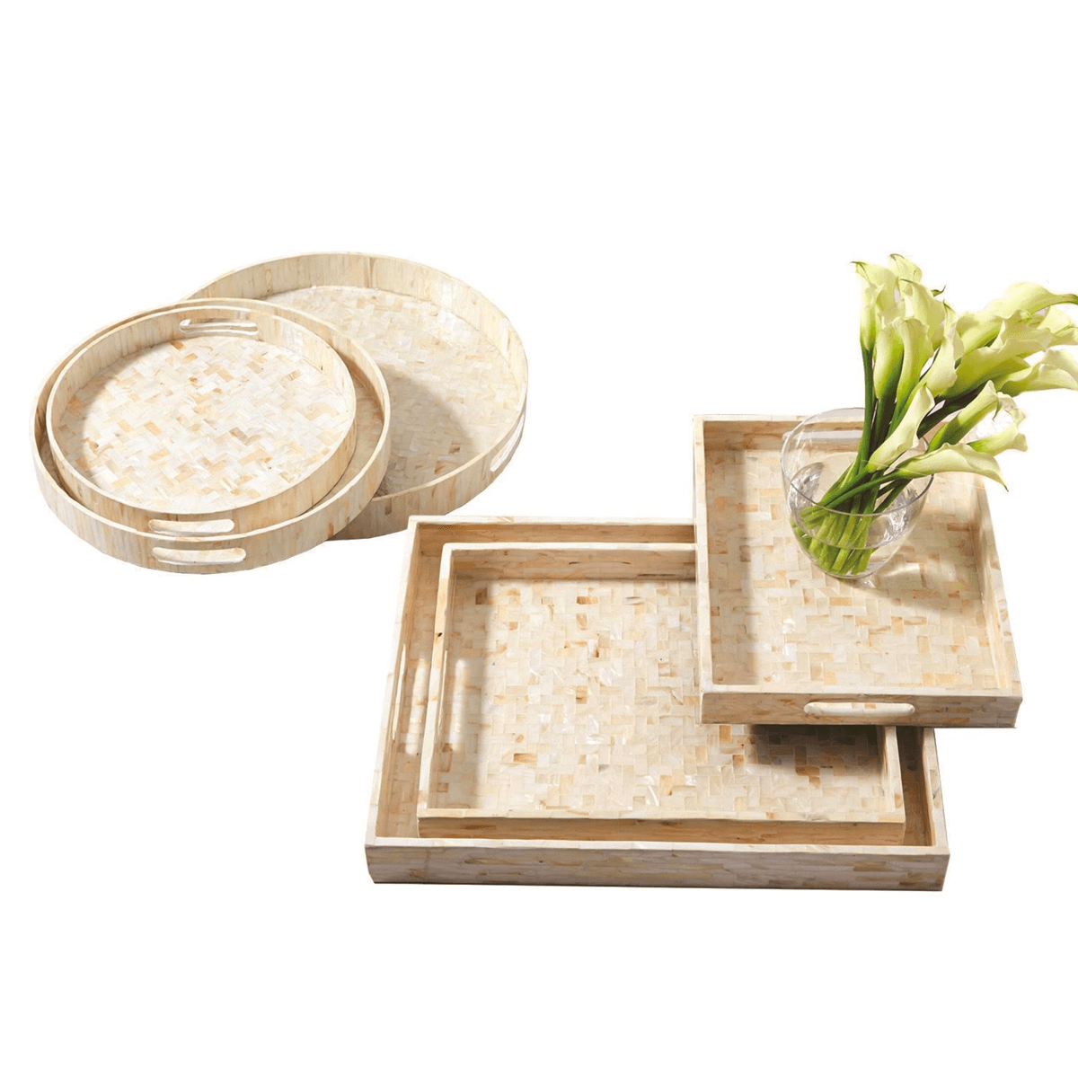 Cream Herringbone Mother of Pearl Serving Tray - Round or Rectangle, 3 Sizes