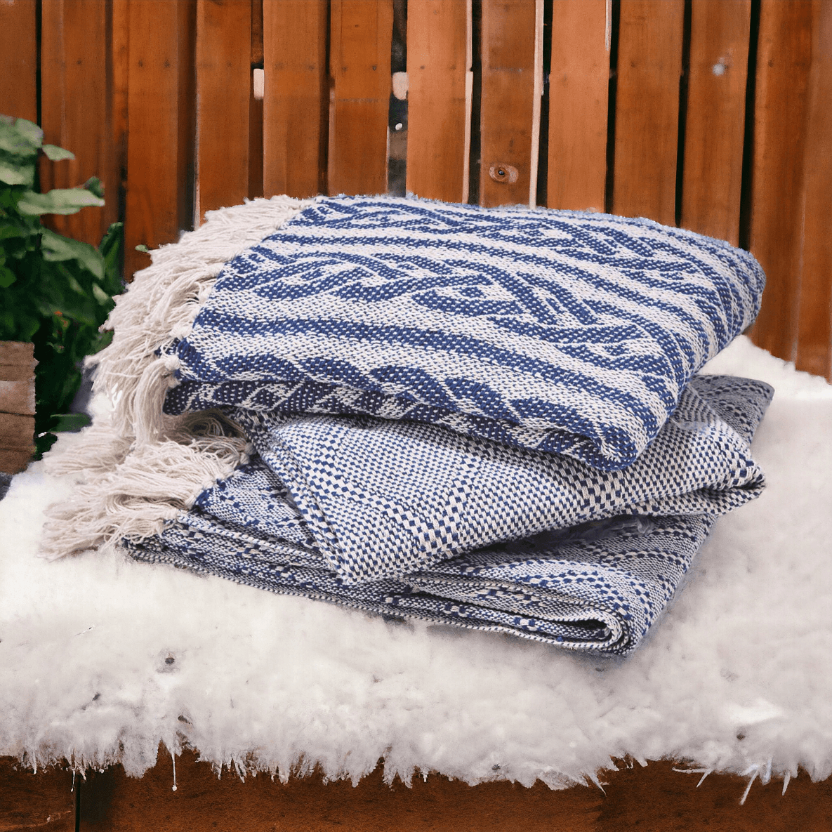 Tassel Blue Diamond Cotton Throw Blanket - Handwoven with Tassels, 50" x 60"