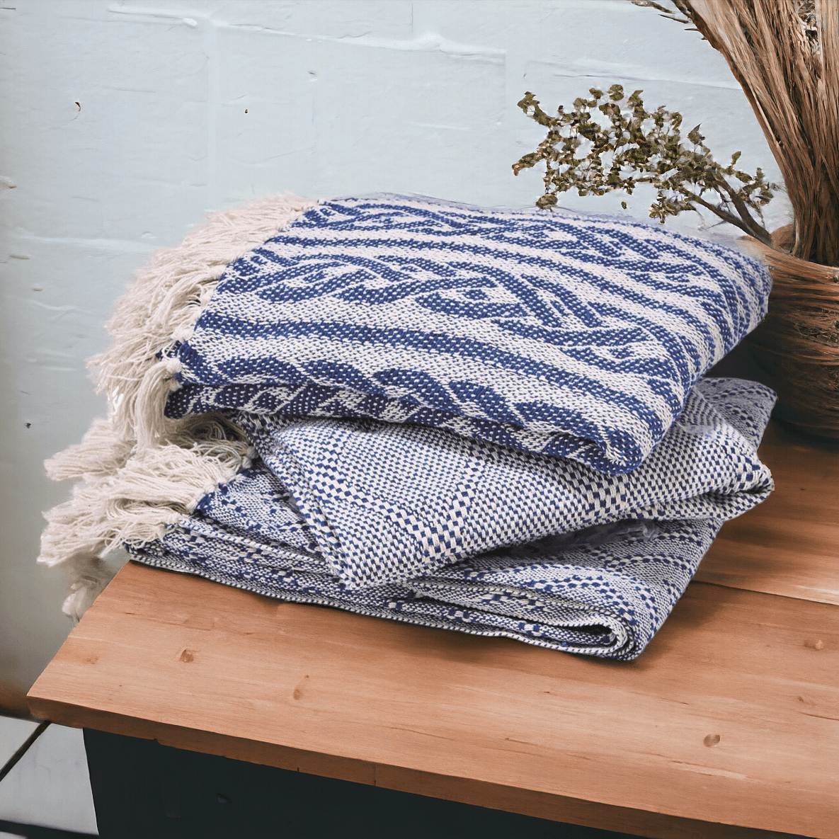 Tassel Blue Diamond Cotton Throw Blanket - Handwoven with Tassels, 50" x 60"