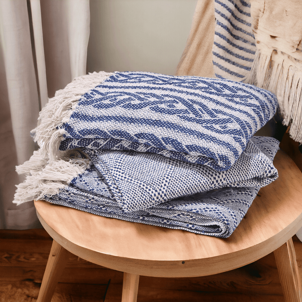 Tassel Blue Diamond Cotton Throw Blanket - Handwoven with Tassels, 50" x 60"
