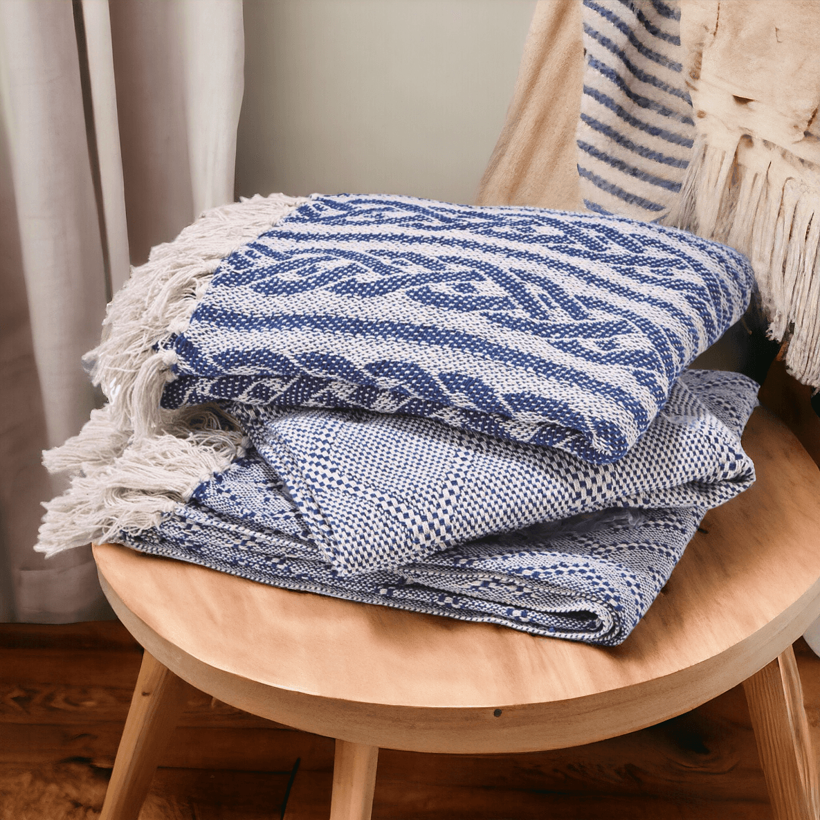 Tassel Blue Diamond Cotton Throw Blanket - Handwoven with Tassels, 50" x 60"