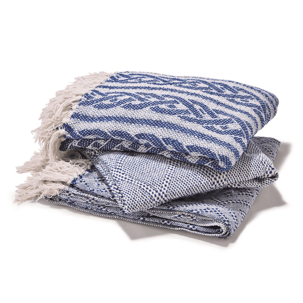 Tassel Blue Diamond Cotton Throw Blanket - Handwoven with Tassels, 50" x 60"