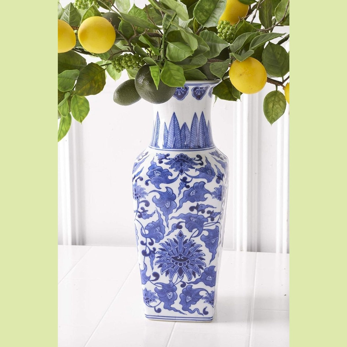 14 Inch Ceramic Blue & White Chinoiserie Square Vase