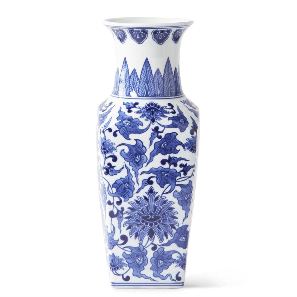 14 Inch Ceramic Blue & White Chinoiserie Square Vase
