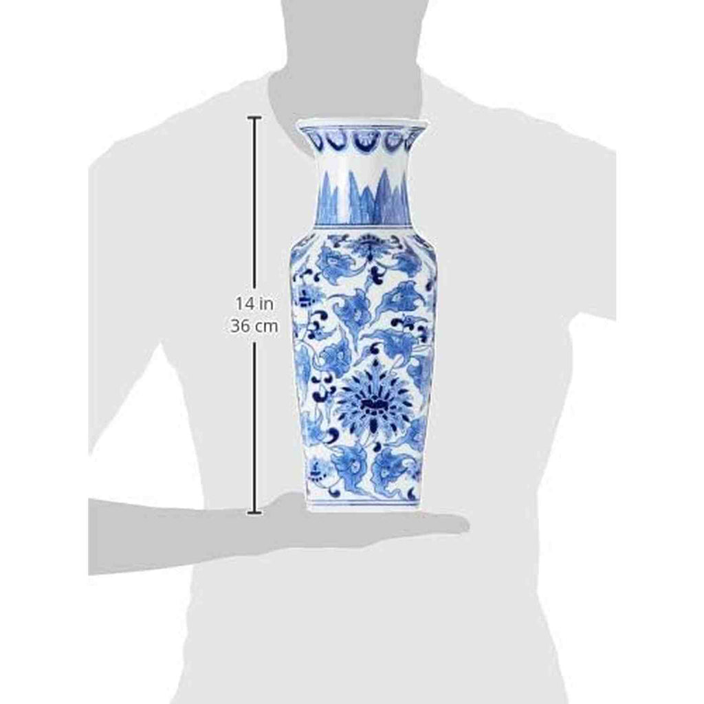 14 Inch Ceramic Blue & White Chinoiserie Square Vase