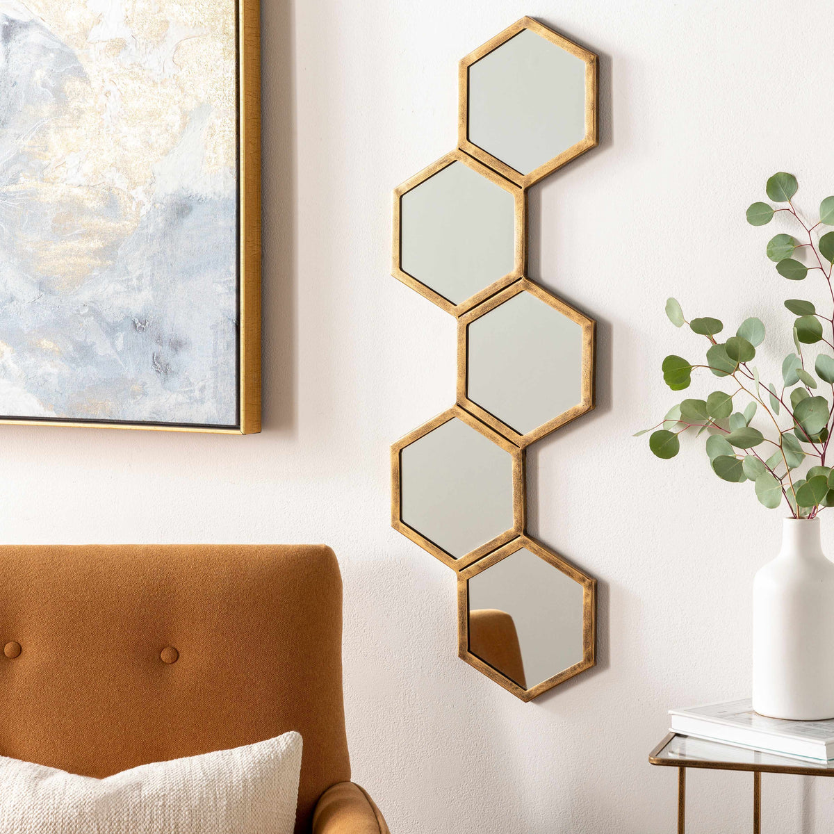 Rustic Gold Honeycomb Mirror - Gold Iron Frame, 35"W x 11"H