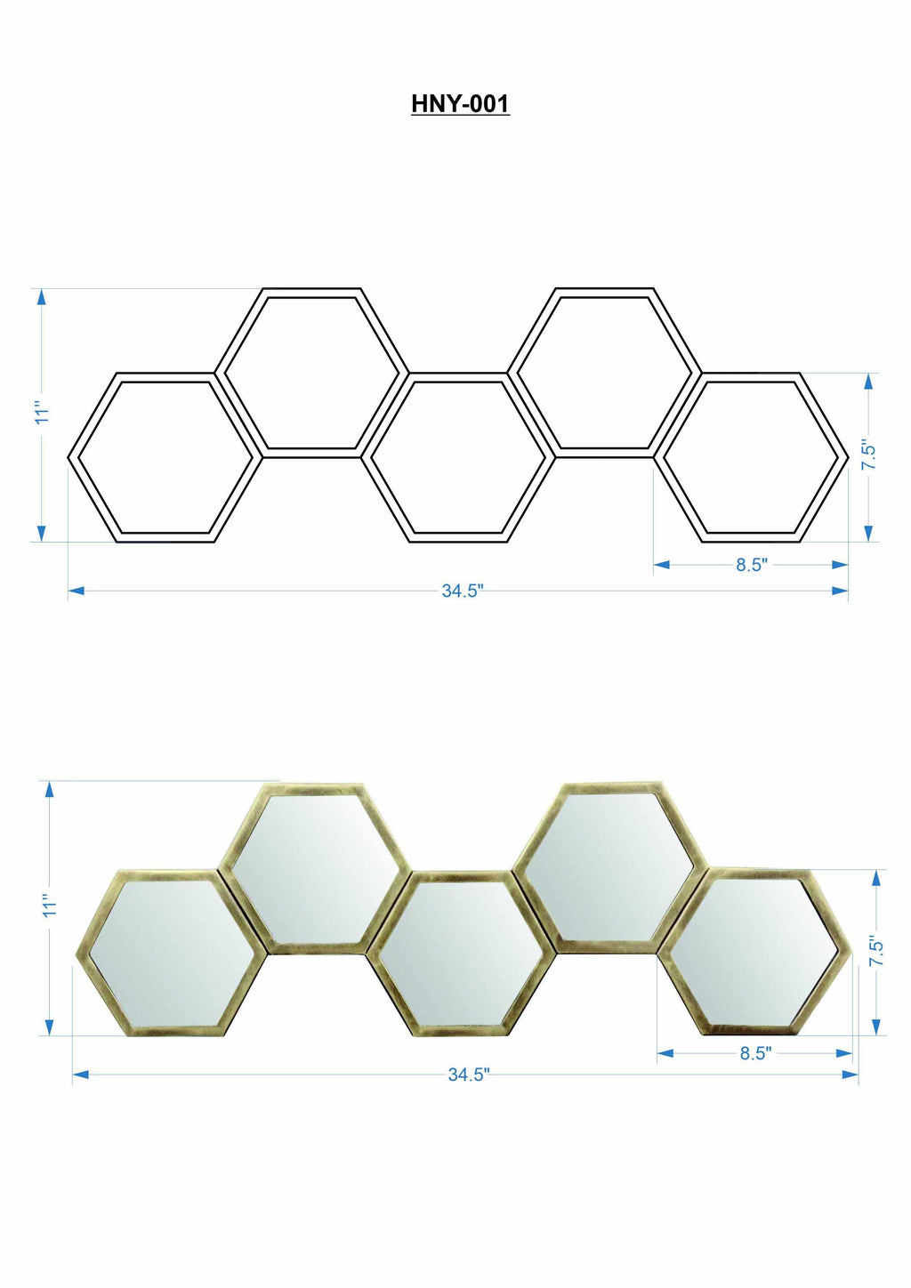 Rustic Gold Honeycomb Mirror - Gold Iron Frame, 35"W x 11"H