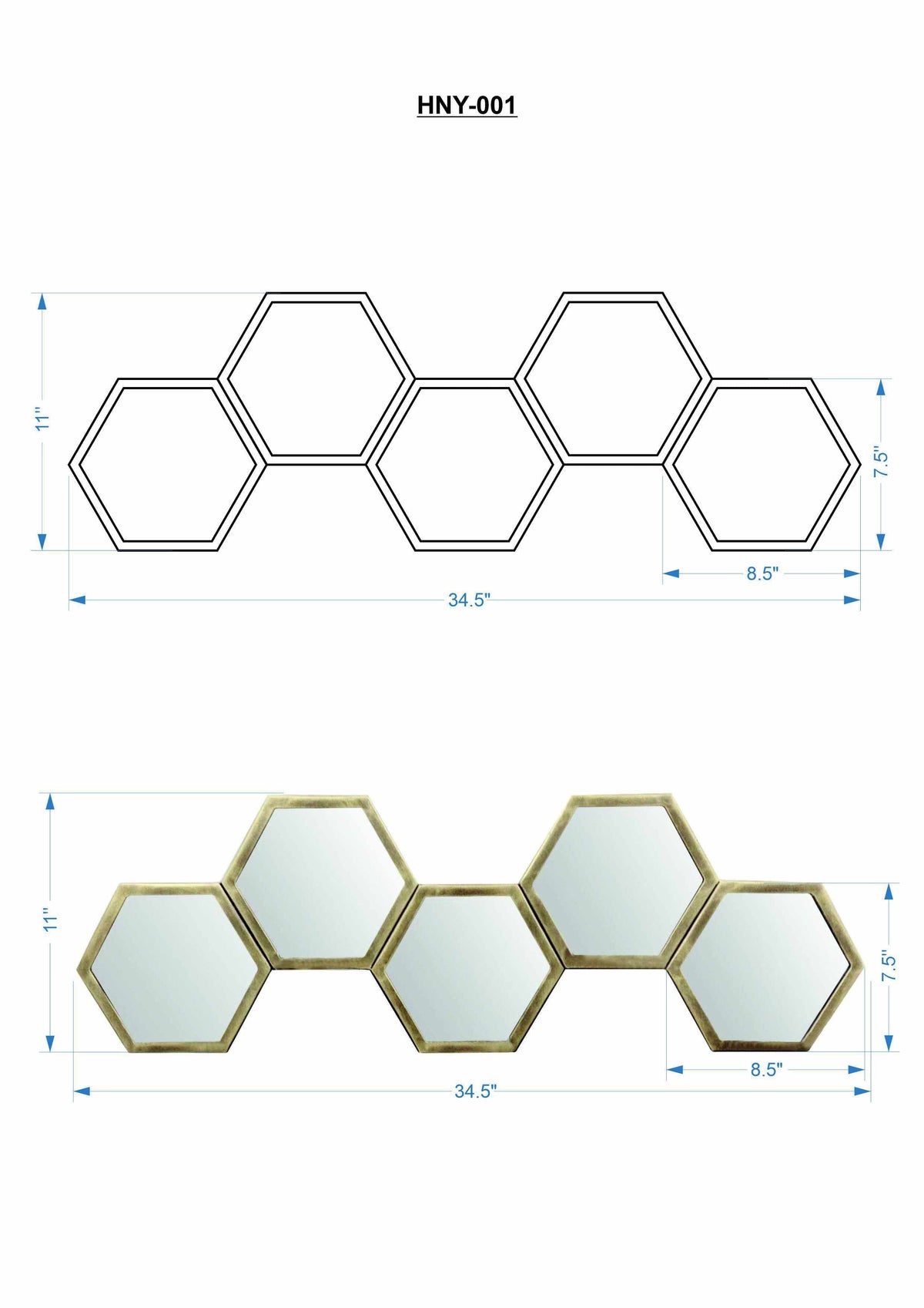 Rustic Gold Honeycomb Mirror - Gold Iron Frame, 35"W x 11"H
