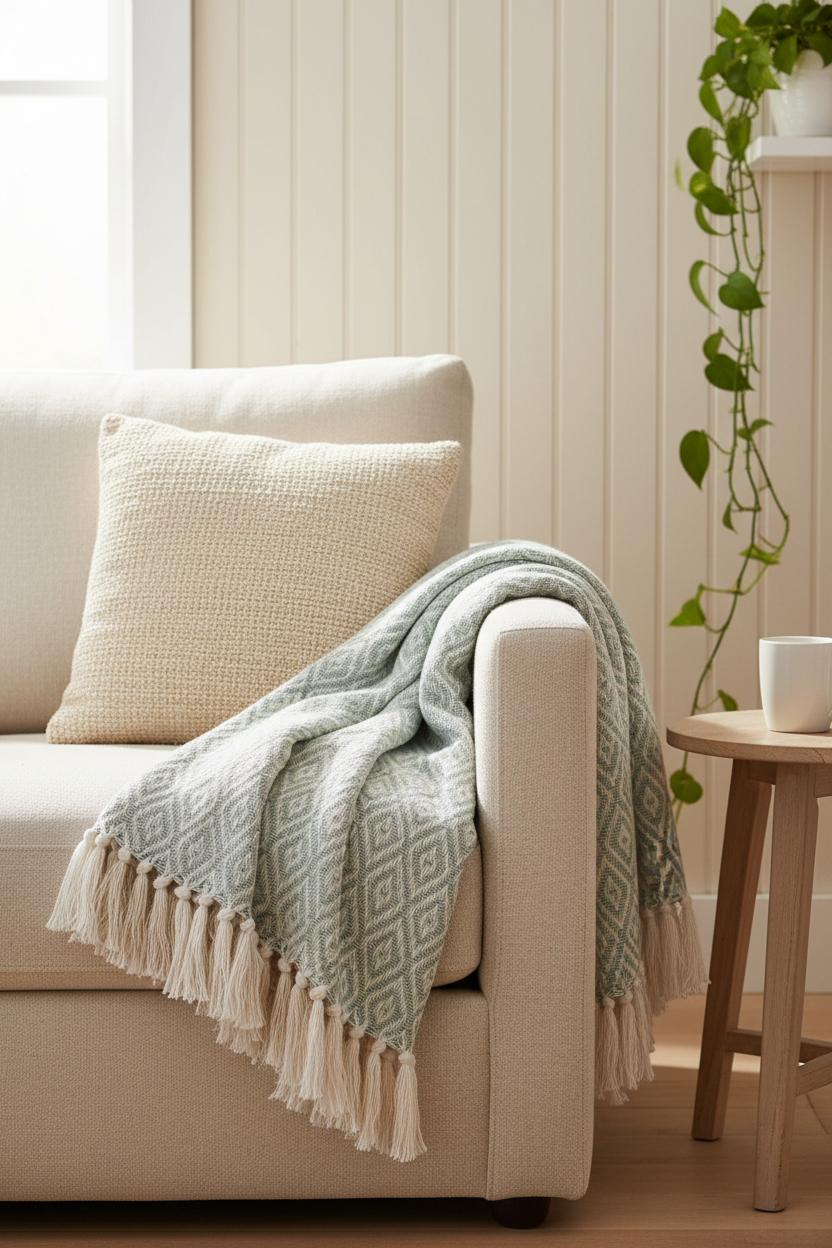 Tasseled throw blanket draped over the arm of a cream linen sofa in a sunlit living room