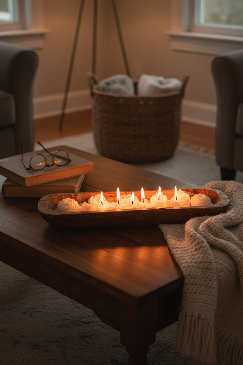 Wooden dough bowl candle glowing on a styled coffee table with books, a woven basket and a soft throw