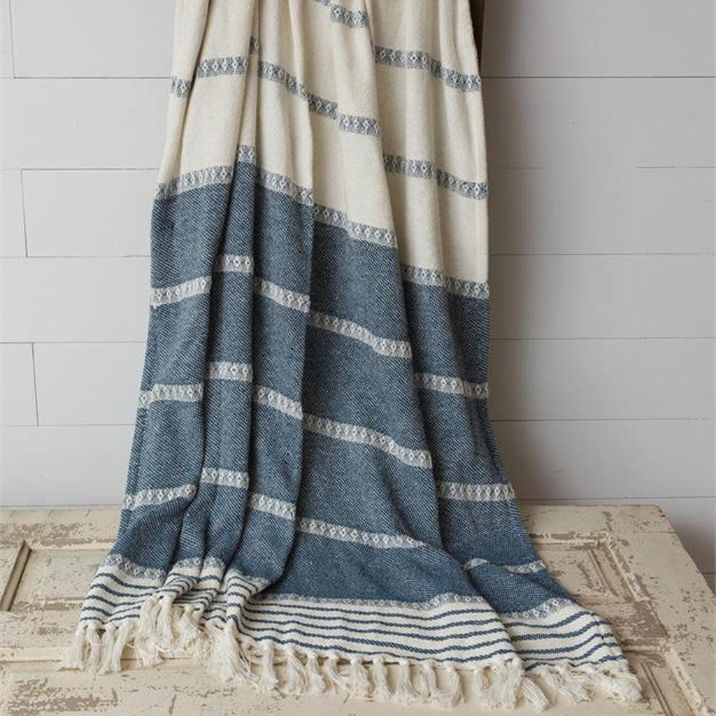 Waverly Woven Cotton Throw Blanket with Tassels - Blue & Cream Stripes, 60" x 50"